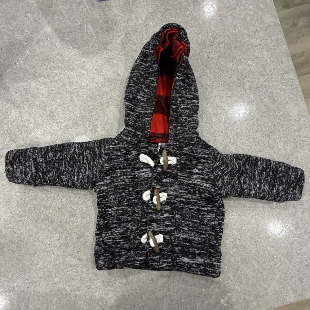 CARTER'S Baby Boy Hooded Sweater Jacket 3M Gray Black Red Plaid Toggle Buttons - Picture 1 of 9